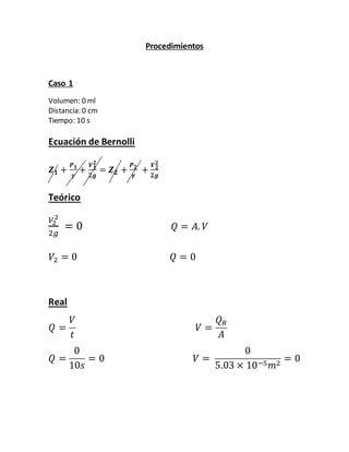Procedimientos 
Caso 1 
Volumen: 0 ml 
Distancia: 0 cm 
Tiempo: 10 s 
Ecuación de Bernolli 
풁ퟏ + 
푷ퟏ 
휸 
+ 
푽ퟏퟐ 
ퟐ품 
= 풁ퟐ + 
푷ퟐ 
휸 
+ 
푽ퟐퟐ 
ퟐ품 
Teórico 
2 
푉2 
2푔 
= 0 푄 = 퐴. 푉 
푉2 = 0 푄 = 0 
Real 
푄 = 
푉 
푡 
푉 = 
푄푅 
퐴 
푄 = 
0 
10푠 
= 0 푉 = 
0 
5.03 × 10−5푚2 = 0 
 