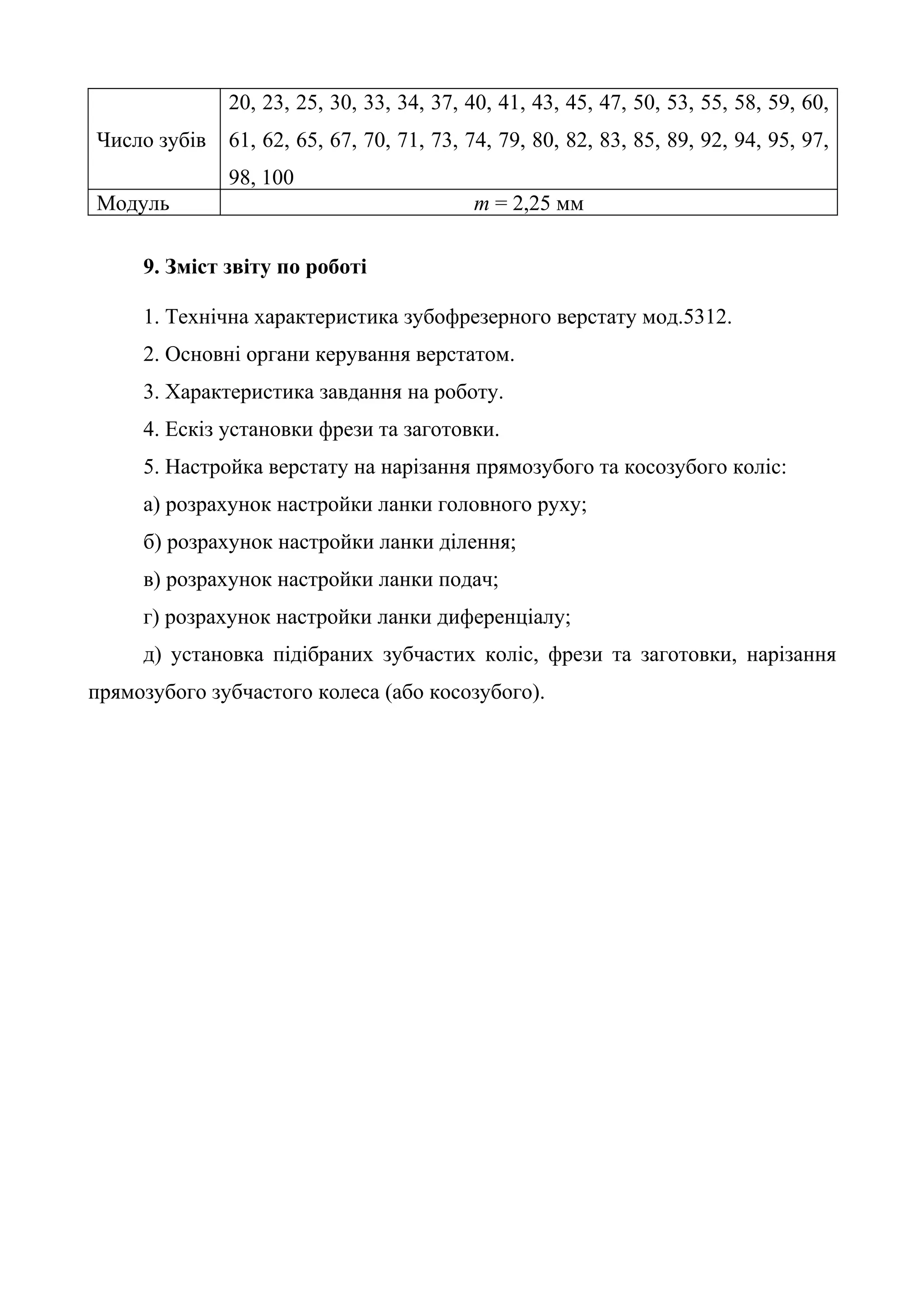 Число зубів 
20, 23, 25, 30, 33, 34, 37, 40, 41, 43, 45, 47, 50, 53, 55, 58, 59, 60, 
61, 62, 65, 67, 70, 71, 73, 74, 79, 80, 82, 83, 85, 89, 92, 94, 95, 97, 
98, 100 
Модуль m = 2,25 мм 
9. Зміст звіту по роботі 
1. Технічна характеристика зубофрезерного верстату мод.5312. 
2. Основні органи керування верстатом. 
3. Характеристика завдання на роботу. 
4. Ескіз установки фрези та заготовки. 
5. Настройка верстату на нарізання прямозубого та косозубого коліс: 
а) розрахунок настройки ланки головного руху; 
б) розрахунок настройки ланки ділення; 
в) розрахунок настройки ланки подач; 
г) розрахунок настройки ланки диференціалу; 
д) установка підібраних зубчастих коліс, фрези та заготовки, нарізання 
прямозубого зубчастого колеса (або косозубого). 
 