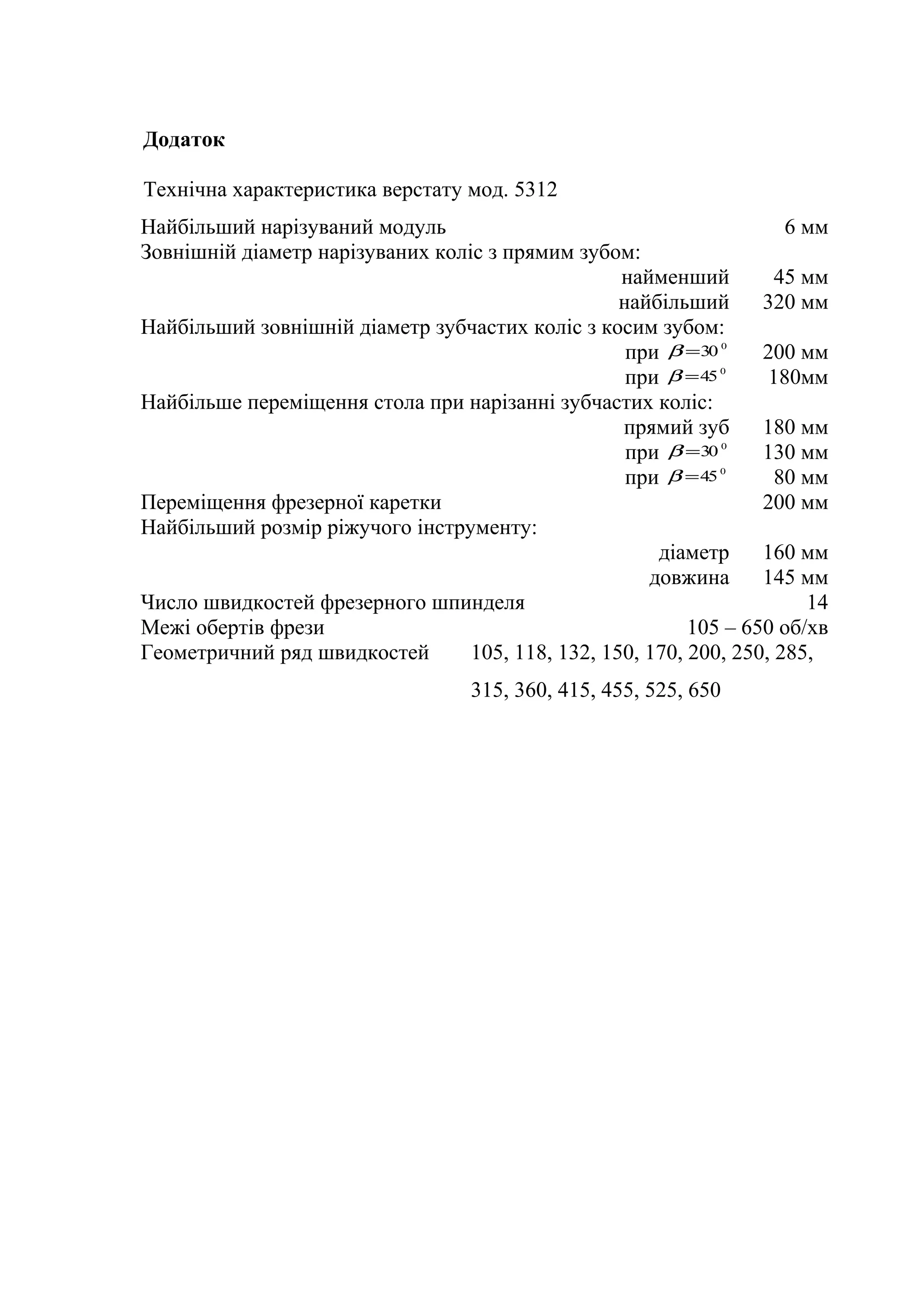 Додаток 
Технічна характеристика верстату мод. 5312 
Найбільший нарізуваний модуль 6 мм 
Зовнішній діаметр нарізуваних коліс з прямим зубом: 
найменший 45 мм 
найбільший 320 мм 
Найбільший зовнішній діаметр зубчастих коліс з косим зубом: 
при b =30 0 200 мм 
при b =450 180мм 
Найбільше переміщення стола при нарізанні зубчастих коліс: 
прямий зуб 180 мм 
при b =30 0 130 мм 
при b =450 80 мм 
Переміщення фрезерної каретки 200 мм 
Найбільший розмір ріжучого інструменту: 
діаметр 160 мм 
довжина 145 мм 
Число швидкостей фрезерного шпинделя 14 
Межі обертів фрези 105 – 650 об/хв 
Геометричний ряд швидкостей 105, 118, 132, 150, 170, 200, 250, 285, 
315, 360, 415, 455, 525, 650 
 