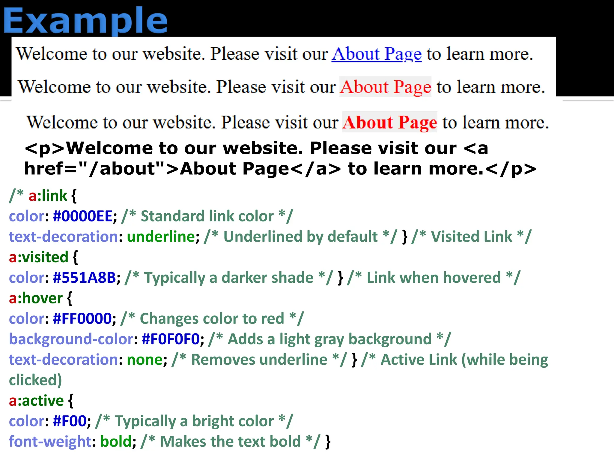 <p>Welcome to our website. Please visit our <a href="/about">About Page</a> to learn more.</p> /* a:link { color: #0000EE; /* Standard link color */ text-decoration: underline; /* Underlined by default */ } /* Visited Link */ a:visited { color: #551A8B; /* Typically a darker shade */ } /* Link when hovered */ a:hover { color: #FF0000; /* Changes color to red */ background-color: #F0F0F0; /* Adds a light gray background */ text-decoration: none; /* Removes underline */ } /* Active Link (while being clicked) a:active { color: #F00; /* Typically a bright color */ font-weight: bold; /* Makes the text bold */ } 