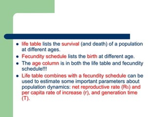  life table lists the survival (and death) of a population
at different ages.
 Fecundity schedule lists the birth at different age.
 The age column is in both the life table and fecundity
schedule!!!
 Life table combines with a fecundity schedule can be
used to estimate some important parameters about
population dynamics: net reproductive rate (R0) and
per capita rate of increase (r), and generation time
(T).
 