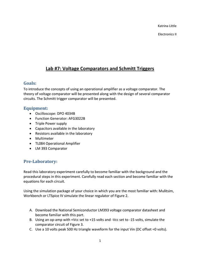 Lab 7 Report Voltage Comparators and Schmitt Triggers PDF