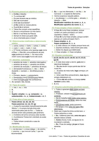 Testes de gramática · Soluções
Livro aberto, 7.º ano – Testes de gramática | Questões de aula
9 • Pronome pessoal em adjacência verbal
1. a. Dá-lhe o biberão.
b. Tu conhece-la?
c. Os pais levaram-no ao médico.
d. Não os incomodes!
e. Onde as escondeste?
f. Já lhe contei os nossos planos.
g. Guardá-la-ei sempre.
2. a. Talvez lhe compre umas sapatilhas.
b. Nunca o encontraram no meu bairro.
c. Mal te vi nas férias da Páscoa.
d. Sempre te disse que gosto dele.
e. Já os chamaste para a mesa?
10 • Determinantes indefinidos e determinante
relativo
1. a. outros, outras; b. Certo; c. outras; d. certas.
2. a. cujos; b. cujo; c. cujas; d. cuja.
3. a. O Tomás conheceu uma rapariga cujo nome
é Elisa. b. Eles têm uma professora de judo
cuja paciência é infinita. c. Os meus avós
vivem numa casa cujos muros são azuis.
11 • Advérbio: subclasses
1. a. advérbio de modo; b. advérbio interrogativo;
c. advérbio de tempo; d. advérbio de dúvida;
e. advérbio de exclusão; f. advérbios de tempo.
2. a. demasiado/muito/pouco; b. não; c. Além/
Acolá/Ali; d. também; e. Sim/Efetivamente; f.
Onde.
3. a. Primeiro, depois; b. pois/portanto.
4. a. Desagradou-me a maneira como falaste.
b. Este é o lugar onde nos conhecemos.
5. Ali, também, não, Donde.
12 • Tipos de sujeito
1. a. nós; b. eu; c. Vós.
2. b.
3. a.
4. Sujeito: simples – c., g.; composto – a.;
subentendido – b., e.; indeterminado – d., f.
13 • Frase ativa e frase passiva
1. frases ativas: (a), (b), (d), (h);
frases passivas: (c), (e), (f), (g).
2. a. A peça foi executada maravilhosamente pela
Silvina. b. A compra da bola tinha sido
autorizada pelos pais do Rui. c. Todas as
árvores teriam sido podadas pelo jardineiro.
3. a. A diretora de turma convocou esta reunião.
b. A professora Teresa tem orientado as aulas
de apoio.
c. Todos tinham construído a casa da
montanha.
14 • Modificador do nome
1. a. cor-de-rosa; b. a nova colega; c. do vizinho;
d. enorme; e. que vive em Leiria; f. que me
recomendaste.
2. Ex.: a. que me ofereceste; b. de tília; c. de
Carnaval; d. a capital da Alemanha.
3. Vanina suspirava naquele palácio.
4. a. de pêssego; b. a minha gata; c. aliviada; d.
deserta; e. altas.
Modificador restritivo do nome: a., d., e.
Modificador apositivo do nome: b., c.
15 • Frase simples e frase complexa
1. A frase A é uma frase complexa, porque
contém um verbo principal e um verbo
copulativo (“Sabes”, “está”).
A frase B é uma frase simples, porque contém
apenas um verbo principal (“tem”).
2. frases simples: a., d.;
frases complexas: b., c., e.
3. a. O João colocou um chapéu porque havia sol.
b. Quando anoiteceu, todos foram para casa.
c. Deitei-me depois que telefonaste.
4. (1) frase simples; (2) frase complexa.
16 • Orações coordenadas
1. (a) (2); (b) (3); (c) (1); (d) (4); (e) (1); (f) (3);
(g) (5)
2. a. O João deve estar a dormir, pois tem o
telemóvel desligado.
b. Ou eles levam roupa quente ou vão ter
muito frio.
c. Já passa da meia-noite, logo começou um
novo dia.
d. Achei este filme extraordinário, mas alguns
amigos detestaram-no.
e. A Ana não só acolheu a criança como
também cuidou dela.
3. b. e c.
17 • Orações subordinadas adverbiais causais
1. a. Todos o apreciam dado que é um bom
menino.
b. Professor, atrasei-me porque houve um
acidente.
c. Ele foi trabalhar visto que a gripe passou.
d. Como estamos em férias, deito-me mais
tarde.
e. Já que aqui estás, janta connosco.
f. Ela apagou a luz, uma vez que o filho
adormeceu.
2. Dado que o teste lhe tinha corrido bem, o
Carlos estranhou a nota.
3. a. Ex.: Voltámos para trás, uma vez que a
estrada estava cortada.
b. Como choveu muito, as águas do rio
inundaram a estrada.
c. Ex.: Ficas de castigo, já que só fazes
asneiras.
4. c.
LAB7PICP
©
Porto
Editora
 