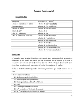 Proceso Experimental

     Requerimientos:

Materiales                            Reactivos (cb = 1.0molL-1)
1 Vaso de precipitado de 250mL        Solución de Cloruro de Sodio
Cápsula de Petri                      Solución de Cloruro Cúprico
2 Barras de grafito                   Solución de Sulfato Ferroso
Batería de 12V                        Solución de KI
Cable de Conexiones                   Solución de KBr
Tabla de potenciales normales         Solución de Nitrato Férrico
                                      Solución de Fenolftaleína
                                      Solución de Rojo de Metilo
                                      Solución de Almidón
                                      Solución de Azul de Metileno
                                      Solución de Tiocianato de Potasio
                                      Solución de Ferricianuro de Potasio

Paso a Paso:

En todos los casos la celda electrolítica corresponde a un vaso de contiene la solución a
electrolizar y dos barras de grafito que se introducen en la solución y los que se
encuentran conectados con los terminales de una batería. Después de realizada cada
electrólisis, se debe tener la precaución de limpiar bien las barras de grafito.

Realice la electrólisis de las siguientes soluciones y determine que sucede en cada una de
ellas.

Soluciones con indicadores:
    1) NaCl con gotas de fenolftaleína
    2) NaCl con gotas de rojo de metilo
    3) KI con gotas de almidón o fenolftaleína
    4) CuCl2
    5) KBr con gotas de Azul de metilo
    6) Fe+2 con gotas de Tiocianato de potasio
    7) Fe +3 con dotas de Ferricianuro de potasio

                                                                                       03
 