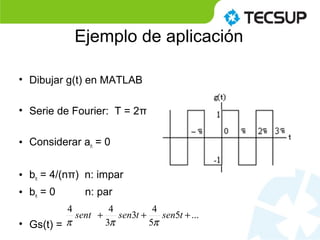 Ejemplo de aplicación
• Dibujar g(t) en MATLAB
• Serie de Fourier: T = 2π
• Considerar an = 0
• bn = 4/(nπ) n: impar
• bn = 0 n: par
• Gs(t) =
...5
5
4
3
3
44
+++ tsentsensent
πππ
 