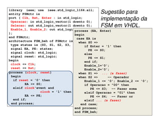 library ieee; use ieee.std_logic_1164.all;
entity FSMctr is                                   Sugestão para
port ( Clk, Rst, Enter : in std_logic;
 Operacao: in std_logic_vector(1 downto 0);
                                                   implementação da
 Selecao: out std_logic_vector(1 downto 0);        FSM em VHDL.
 Enable_1, Enable_2: out std_logicprocess (EA, Enter)
);                                  begin
end FSMctr;                          case EA is
architecture FSM_beh of FSMctr is      when S0 =>
 type states is (S0, S1, S2, S3, S4, S5, S6);if Enter = '1' then
 signal EA, PE: states;                        PE <= S0;
 signal clock: std_logic;                    else
 signal reset: std_logic;                      PE <= S1;
begin                                        end if;
 clock <= Clk;                               Enable_1='0';
 reset <= Rst;                               Enable_2='0';
process (clock, reset)                 when S1 => ... (a fazer)
 begin                                 when S2 =>          -- Operador
   if reset = '0' then                       Enable_1 <= '0'; Enable_2 <= '0';
         EA <= S0;                           if Operacao = "00" then
   elsif clock'event and                         PE <= S3; -- Fazer soma
                 clock = '1' then            elsif Operacao = "01" then
         EA <= PE;                               PE <= S4; -- Fazer or
   end if;                                   elsif ... (a fazer)
 end process;                            end case;
                                    end process;
                                    end FSM_beh;
                               EEL7020 – Sistemas Digitais                13/16
 