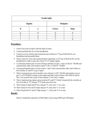 Truth table
Inputs Outputs
X y Carry Sum
0 0 0 0
0 1 0 1
1 0 0 1
1 1 1 0
Procedure:
1. I took wires and cut them with the help of cutter.
2. I connected both the ICs on the breadboard.
3. I took two wires (white) and connected each of them at 7th
pin of both the ICs on
breadboard and grounded them.
4. Then I took two wires and connected them separately at 14th
pin of both the ICs on the
breadboard in order to give the circuit 5V of voltage supply.
5. I connected another pair of wires (Orange and blue) at pins 1 and 2 of the IC 74LS86 and
connected the other end of them at pins 12 & 13 of the IC 74LS08.
6. I connected another pair of wires at pins 1 and 2 and connected the other end of them at
the switches S1 and S7 to give inputs.
7. Then I connected one end of another wire with pin 3 of IC 74LS86 and another wire at
pin 11 of IC74LS08 in order to get output and other ends of them with LEDs l4 and l5.
Pin 3 was used for the result of sum and pin 11 for carry’s output.
8. Then I started giving inputs using switches S1 and S7. Firstly I keep both the switches at
low level that is “0” and got “0” in both carry and sum.
9. Then I keep S1 high and S7 low and got ‘0’ carry and ‘1’ as a sum.
10. Then I keep S1 low and S7 high and got ‘0’ carry and ‘1’ as a sum.
11. Then I keep both S1 and S7 high and got ‘1’ carry and ‘0’ as a sum.
Result:
Hence I studied the operation of Half adder circuit using XOR and AND gates.
 