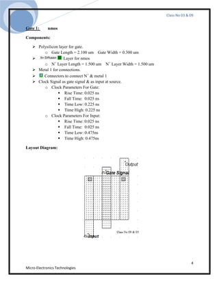 Class No 03 & 09


Gate 1:      nmos

Components:

    Polysilicon layer for gate.
        o Gate Length = 2.100 um Gate Width = 0.300 um
                   Layer for nmos
        o N Layer Length = 1.500 um N+ Layer Width = 1.500 um
              +

    Metal 1 for connections.
       Connectors to connect N+ & metal 1
    Clock Signal as gate signal & as input at source.
        o Clock Parameters For Gate:
                 Rise Time: 0.025 ns
                 Fall Time: 0.025 ns
                 Time Low: 0.225 ns
                 Time High: 0.225 ns
        o Clock Parameters For Input:
                 Rise Time: 0.025 ns
                 Fall Time: 0.025 ns
                 Time Low: 0.475ns
                 Time High: 0.475ns

Layout Diagram:




                                                                              4
Micro-Electronics Technologies
 