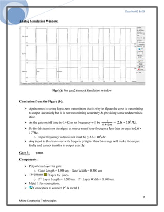 Class No 03 & 09


Analog Simulation Window:




                          Fig (b): For gate2 (nmos) Simulation window


Conclusion from the Figure (b):

    Again nmos is strong logic zero transmitters that is why in figure the zero is transmitting
     to output accurately but 1 is not transmitting accurately & providing some undetermined
     state.
    As the gate on/off time is 0.442 ns so frequency will be                             .
    So for this transistor the signal at source must have frequency less than or equal to
            .
         o Input frequency to transistor must be ≤                .
    Any input to this transistor with frequency higher than this range will make the output
     faulty and cannot transfer to output exactly.

Gate 3:      pmos

Components:

    Polysilicon layer for gate.
        o Gate Length = 1.80 um Gate Width = 0.300 um
                   Layer for pmos
        o P Layer Length = 1.200 um P+ Layer Width = 0.900 um
              +

    Metal 1 for connections.
       Connectors to connect P+ & metal 1

                                                                                                   7
Micro-Electronics Technologies
 