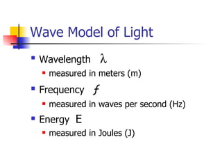 Wave Model of Light Wavelength   measured in meters (m) Frequency  ƒ measured in waves per second (Hz) Energy  E measured in Joules (J) 
