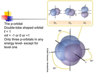 The p-orbital Double-lobe shaped orbital ℓ  = 1 mℓ = -1 or 0 or +1 Only three p-orbitals in any energy level- except for level one 