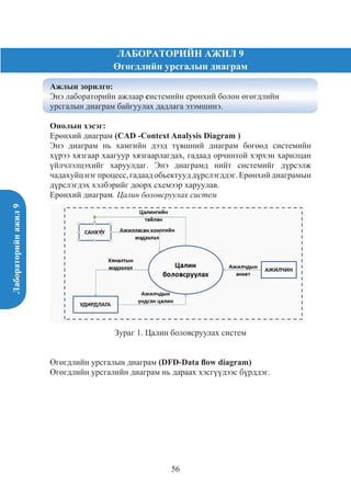 Лабораторийнажил9
56
ЛАБОРАТОРИЙН АЖИЛ 9
Өгөгдлийн урсгалын диаграм
Ажлын зорилго:
Энэ лабораторийн ажлаар системийн ерөнхий болон өгөгдлийн
урсгалын диаграм байгуулах дадлага эзэмшинэ.
Онолын хэсэг:
Ерөнхий диаграм (CAD -Context Analysis Diagram )
Энэ диаграм нь хамгийн дээд түвшний диаграм бөгөөд системийн
хүрээ хязгаар хаагуур хязгаарлагдах, гадаад орчинтой хэрхэн харилцан
үйлчлэлцэхийг харуулдаг. Энэ диаграмд нийт системийг дүрсэлж
чадахуйц нэг процесс, гадаадобьектууддүрслэгддэг. Ерөнхий диаграмын
дүрслэгдэх хэлбэрийг доорх схемээр харуулав.
Ерөнхий диаграм. Цалин боловсруулах систем
Зураг 1. Цалин боловсруулах систем
Өгөгдлийн урсгалын диаграм (DFD-Data flow diagram)
Өгөгдлийн урсгалийн диаграм нь дараах хэсгүүдээс бүрддэг.
 