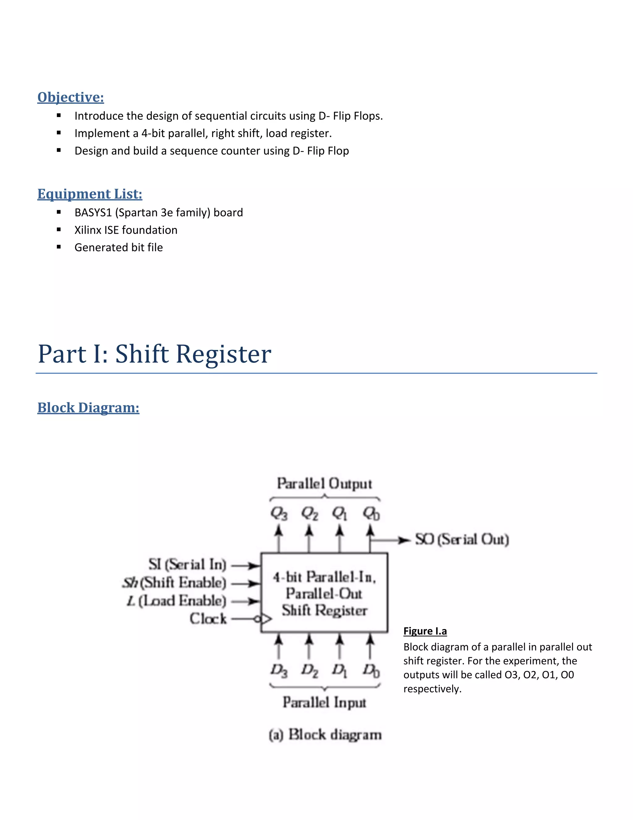 Objective:
 Introduce the design of sequential circuits using D- Flip Flops.
 Implement a 4-bit parallel, right shift, load register.
 Design and build a sequence counter using D- Flip Flop
Equipment List:
 BASYS1 (Spartan 3e family) board
 Xilinx ISE foundation
 Generated bit file
Part I: Shift Register
Block Diagram:
Figure I.a
Block diagram of a parallel in parallel out
shift register. For the experiment, the
outputs will be called O3, O2, O1, O0
respectively.
 