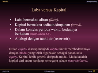 Bab 10 Laba (Income) 
Laba versus Kapital 
• Laba bermakna aliran (flow). 
• Kapital bermakna sediaan/simpanan (stock). 
• Dalam konteks perioda waktu, keduanya 
berkaitan (lihat Gambar 5.6). 
• Analogi dengan tanki air (reservoir). 
Istilah capital diserap menjadi kapital untuk membedakannya 
dengan modal yang telah digunakan sebagai padan kata 
equity. Kapital lebih generik daripada modal. Modal adalah 
kapital dari sudut pandang pemegang saham (shareholders). 
09/11/14 ãSuwardjono 
Transi 11 
 