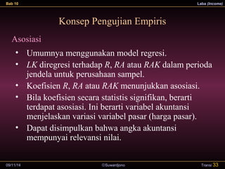 Bab 10 Laba (Income) 
Konsep Pengujian Empiris 
Asosiasi 
• Umumnya menggunakan model regresi. 
• LK diregresi terhadap R, RA atau RAK dalam perioda 
jendela untuk perusahaan sampel. 
• Koefisien R, RA atau RAK menunjukkan asosiasi. 
• Bila koefisien secara statistis signifikan, berarti 
terdapat asosiasi. Ini berarti variabel akuntansi 
menjelaskan variasi variabel pasar (harga pasar). 
• Dapat disimpulkan bahwa angka akuntansi 
mempunyai relevansi nilai. 
09/11/14 ãSuwardjono 
Transi 33 
 