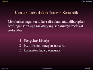 Bab 10 Laba (Income) 
Konsep Laba dalam Tataran Semantik 
Membahas bagaimana laba dimaknai atau diharapkan 
berfungsi serta apa makna yang seharusnya melekat 
pada laba. 
1. Pengukur kinerja 
2. Konfirmasi harapan investor 
3. Estimator laba ekonomik 
09/11/14 ãSuwardjono 
Transi 8 
 