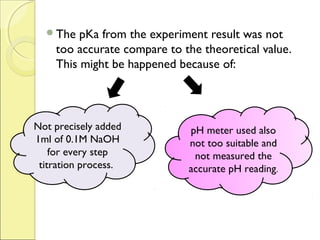 The   pKa from the experiment result was not
    too accurate compare to the theoretical value.
    This might be happened because of:



Not precisely added          pH meter used also
1ml of 0.1M NaOH             not too suitable and
    for every step            not measured the
 titration process.          accurate pH reading.
 
