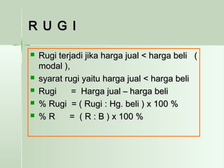 RR UU GG II 
 RRuuggii tteerrjjaaddii jjiikkaa hhaarrggaa jjuuaall << hhaarrggaa bbeellii (( 
mmooddaall )),, 
 ssyyaarraatt rruuggii yyaaiittuu hhaarrggaa jjuuaall << hhaarrggaa bbeellii 
 RRuuggii == HHaarrggaa jjuuaall –– hhaarrggaa bbeellii 
 %% RRuuggii == (( RRuuggii :: HHgg.. bbeellii )) xx 110000 %% 
 %% RR == (( RR :: BB )) xx 110000 %% 
 