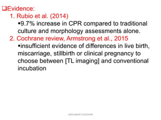 Evidence:
1. Rubio et al. (2014)
9.7% increase in CPR compared to traditional
culture and morphology assessments alone.
2. Cochrane review, Armstrong et al., 2015
insufficient evidence of differences in live birth,
miscarriage, stillbirth or clinical pregnancy to
choose between [TL imaging] and conventional
incubation
ABOUBAKR ELNASHAR
 