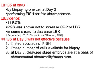 PGS at day3
by biopsying one cell at Day 3
performing FISH for five chromosomes.
Evidence:
11 RCTs
PGS was shown not to increase CPR or LBR
in some cases, to decrease LBR
(Harper et al., 2010; Geraedts and Sermon, 2016).
PGS at Day 3 was not effective because
1. limited accuracy of FISH
2. limited number of cells available for biopsy
3. at Day 3, cleavage stage embryos are at a peak of
chromosomal abnormality/mosaicism.
ABOUBAKR ELNASHAR
 