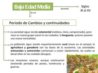 Baja Edad Media                          durante
                                                              Siglos
                                                              XI al XV
                 es un



Periodo de Cambios y continuidades

La sociedad sigue siendo estamental (nobleza, clero, campesinado), pero
nace un nuevo grupo social en las ciudades: la burguesía, quienes poseían
una nueva mentalidad.

La población sigue siendo mayoritariamente rural (viven en el campo); la
agricultura y ganadería son las bases de la economía. Las actividades
artesanales y comerciales comienzan a crecer rápidamente, las cuales se
desarrollan en las ciudades (burgos).

Las invasiones cesaron, aunque continuaron
existiendo periodos de pestes, hambrunas y
guerras.
 