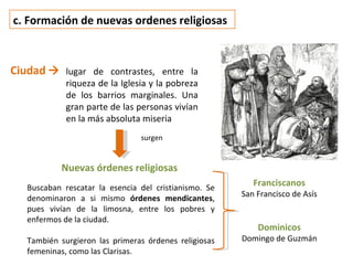 c. Formación de nuevas ordenes religiosas



Ciudad  lugar de contrastes, entre la
             riqueza de la Iglesia y la pobreza
             de los barrios marginales. Una
             gran parte de las personas vivían
             en la más absoluta miseria
                                surgen


           Nuevas órdenes religiosas
   Buscaban rescatar la esencia del cristianismo. Se
                                                          Franciscanos
   denominaron a si mismo órdenes mendicantes,         San Francisco de Asís
   pues vivían de la limosna, entre los pobres y
   enfermos de la ciudad.
                                                           Dominicos
   También surgieron las primeras órdenes religiosas   Domingo de Guzmán
   femeninas, como las Clarisas.
 