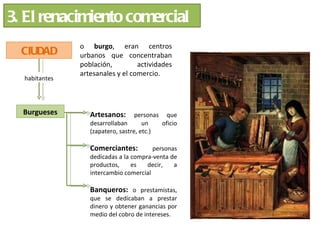 3. El renacimiento comercial
               o burgo, eran centros
  CIUDAD       urbanos que concentraban
               población,         actividades
               artesanales y el comercio.
  habitantes




  Burgueses       Artesanos:       personas que
                  desarrollaban       un   oficio
                  (zapatero, sastre, etc.)

                  Comerciantes:         personas
                  dedicadas a la compra-venta de
                  productos,     es   decir,   a
                  intercambio comercial

                  Banqueros: o prestamistas,
                  que se dedicaban a prestar
                  dinero y obtener ganancias por
                  medio del cobro de intereses.
 