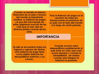 Cuando se estudia el sistema
financiero de un país o incluso
del mundo es importante
analizar, su balanza de pagos
ya que del mal manejo de
estas originaron muchas de las
crisis que se han visto en
diversos países a través de los
años.
Pues la Balanza de pagos es el
resumen de todas las
transacciones económicas de
un país con el resto del mundo,
a lo largo de cierto periodo.
En ella se encuentran todos los
ingresos y egresos de divisas.
esta balanza de pago tiene
como objeto detectar los
desequilibrios externos y sus
causas,.
Cuando ocurren estos
desequilibrios posiblemente el
país entre en crisis, pero esto
ocurre siempre y cuando la
inestabilidad , de ambas
cuentas que integran la
balanza se presente.
IMPORTANCIA
 