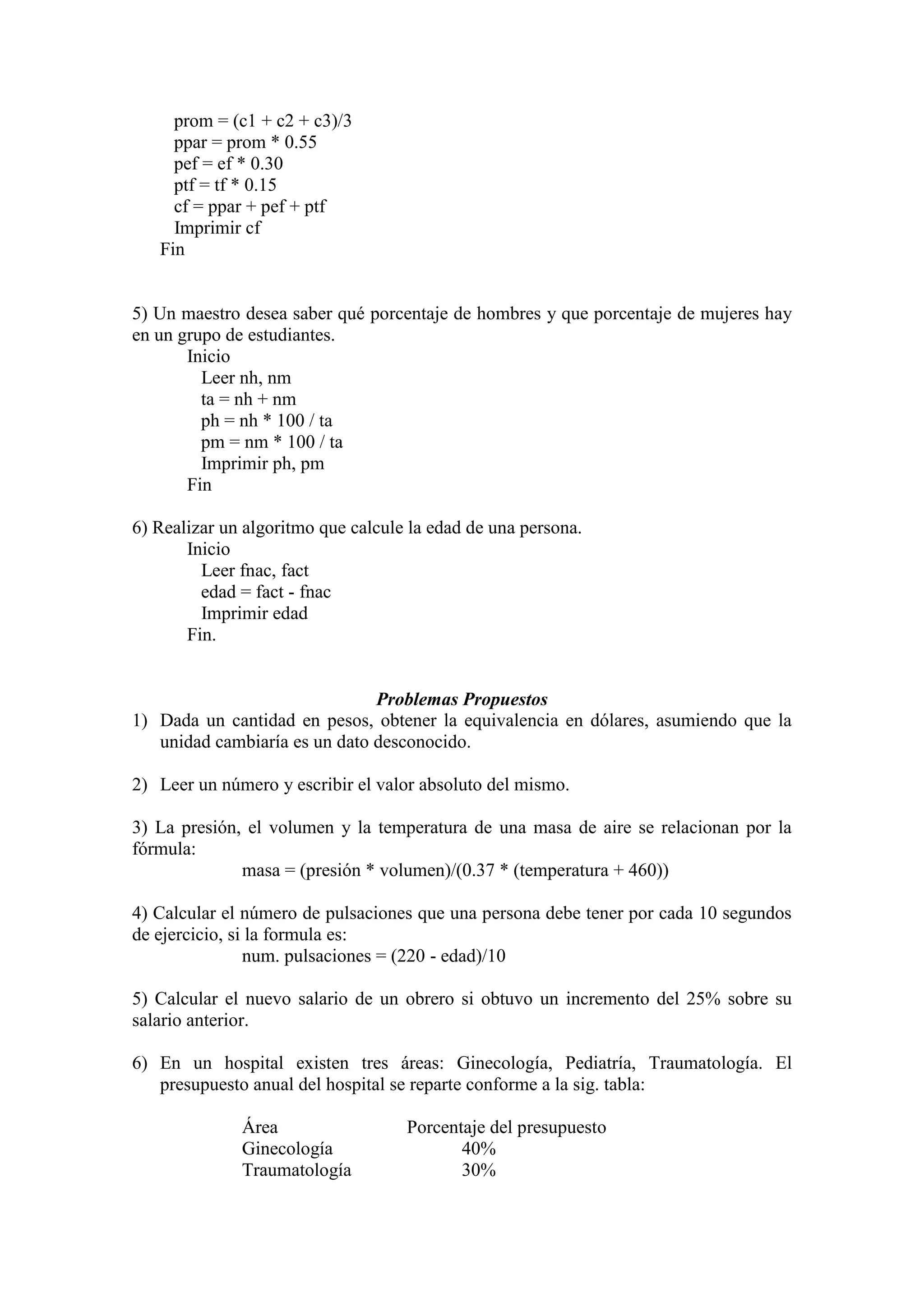 prom = (c1 + c2 + c3)/3
ppar = prom * 0.55
pef = ef * 0.30
ptf = tf * 0.15
cf = ppar + pef + ptf
Imprimir cf
Fin
5) Un maestro desea saber qué porcentaje de hombres y que porcentaje de mujeres hay
en un grupo de estudiantes.
Inicio
Leer nh, nm
ta = nh + nm
ph = nh * 100 / ta
pm = nm * 100 / ta
Imprimir ph, pm
Fin
6) Realizar un algoritmo que calcule la edad de una persona.
Inicio
Leer fnac, fact
edad = fact - fnac
Imprimir edad
Fin.
Problemas Propuestos
1) Dada un cantidad en pesos, obtener la equivalencia en dólares, asumiendo que la
unidad cambiaría es un dato desconocido.
2) Leer un número y escribir el valor absoluto del mismo.
3) La presión, el volumen y la temperatura de una masa de aire se relacionan por la
fórmula:
masa = (presión * volumen)/(0.37 * (temperatura + 460))
4) Calcular el número de pulsaciones que una persona debe tener por cada 10 segundos
de ejercicio, si la formula es:
num. pulsaciones = (220 - edad)/10
5) Calcular el nuevo salario de un obrero si obtuvo un incremento del 25% sobre su
salario anterior.
6) En un hospital existen tres áreas: Ginecología, Pediatría, Traumatología. El
presupuesto anual del hospital se reparte conforme a la sig. tabla:
Área Porcentaje del presupuesto
Ginecología 40%
Traumatología 30%
 