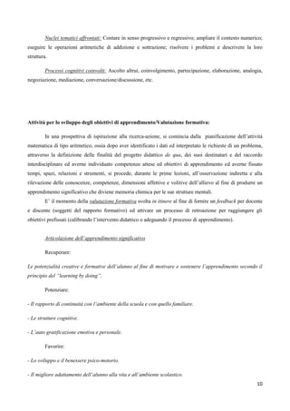 10
Nuclei tematici affrontati: Contare in senso progressivo e regressivo; ampliare il contesto numerico;
eseguire le operazioni aritmetiche di addizione e sottrazione; risolvere i problemi e descrivere la loro
struttura.
Processi cognitivi coinvolti: Ascolto altrui, coinvolgimento, partecipazione, elaborazione, analogia,
negoziazione, mediazione, conversazione/discussione, etc.
Attività per lo sviluppo degli obiettivi di apprendimento/Valutazione formativa:
In una prospettiva di ispirazione alla ricerca-azione, si comincia dalla pianificazione dell’attività
matematica di tipo aritmetico, ossia dopo aver identificato i dati ed interpretato le richieste di un problema,
attraverso la definizione delle finalità del progetto didattico de qua, dei suoi destinatari e del raccordo
interdisciplinare ed averne individuato competenze attese ed obiettivi di apprendimento ed averne fissato
tempi, spazi, relazioni e strumenti, si procede, durante le prime lezioni, all’osservazione indiretta e alla
rilevazione delle conoscenze, competenze, dimensioni affettive e volitive dell’allievo al fine di produrre un
apprendimento significativo che diviene memoria chimica per le sue strutture mentali.
E’ il momento della valutazione formativa svolta in itinere al fine di fornire un feedback per docente
e discente (soggetti del rapporto formativo) ed attivare un processo di retroazione per raggiungere gli
obiettivi prefissati (calibrando l’intervento didattico o adeguando il processo di apprendimento).
Articolazione dell’apprendimento significativo
Recuperare:
Le potenzialità creative e formative dell’alunno al fine di motivare e sostenere l’apprendimento secondo il
principio del “learning by doing”.
Potenziare:
- Il rapporto di continuità con l’ambiente della scuola e con quello familiare.
- Le strutture cognitive.
- L’auto gratificazione emotiva e personale.
Favorire:
- Lo sviluppo e il benessere psico-motorio.
- Il migliore adattamento dell’alunno alla vita e all’ambiente scolastico.
 