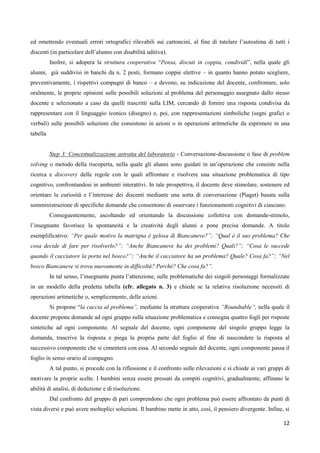 12
ed omettendo eventuali errori ortografici rilevabili sui cartoncini, al fine di tutelare l’autostima di tutti i
discenti (in particolare dell’alunno con disabilità uditiva).
Inoltre, si adopera la struttura cooperativa “Pensa, discuti in coppia, condividi”, nella quale gli
alunni, già suddivisi in banchi da n. 2 posti, formano coppie elettive – in quanto hanno potuto scegliere,
preventivamente, i rispettivi compagni di banco – e devono, su indicazione del docente, confrontare, solo
oralmente, le proprie opinioni sulle possibili soluzioni al problema del personaggio assegnato dallo stesso
docente e selezionato a caso da quelli trascritti sulla LIM, cercando di fornire una risposta condivisa da
rappresentare con il linguaggio iconico (disegno) e, poi, con rappresentazioni simboliche (segni grafici o
verbali) sulle possibili soluzioni che consistono in azioni o in operazioni aritmetiche da esprimere in una
tabella
Step 3: Concettualizzazione astratta del laboratorio - Conversazione-discussione o fase di problem
solving o metodo della riscoperta, nella quale gli alunni sono guidati in un’operazione che consiste nella
ricerca e discovery delle regole con le quali affrontare e risolvere una situazione problematica di tipo
cognitivo, confrontandosi in ambienti interattivi. In tale prospettiva, il docente deve stimolare, sostenere ed
orientare la curiosità e l’interesse dei discenti mediante una sorta di conversazione (Piaget) basata sulla
somministrazione di specifiche domande che consentono di osservare i funzionamenti cognitivi di ciascuno.
Conseguentemente, ascoltando ed orientando la discussione collettiva con domande-stimolo,
l’insegnante favorisce la spontaneità e la creatività degli alunni e pone precise domande. A titolo
esemplificativo: “Per quale motivo la matrigna è gelosa di Biancaneve?”; “Qual è il suo problema? Che
cosa decide di fare per risolverlo?”; “Anche Biancaneve ha dei problemi? Quali?”; “Cosa le succede
quando il cacciatore la porta nel bosco?”; “Anche il cacciatore ha un problema? Quale? Cosa fa?”; “Nel
bosco Biancaneve si trova nuovamente in difficoltà? Perché? Che cosa fa?”.
In tal senso, l’insegnante punta l’attenzione, sulle problematiche dei singoli personaggi formalizzate
in un modello della predetta tabella (cfr. allegato n. 3) e chiede se la relativa risoluzione necessiti di
operazioni aritmetiche o, semplicemente, delle azioni.
Si propone “la caccia al problema”, mediante la struttura cooperativa “Roundtable”, nella quale il
docente propone domande ad ogni gruppo sulla situazione problematica e consegna quattro fogli per risposte
sintetiche ad ogni componente. Al segnale del docente, ogni componente del singolo gruppo legge la
domanda, trascrive la risposta e piega la propria parte del foglio al fine di nascondere la risposta al
successivo componente che si cimenterà con essa. Al secondo segnale del docente, ogni componente passa il
foglio in senso orario al compagno.
A tal punto, si procede con la riflessione e il confronto sulle rilevazioni e si chiede ai vari gruppi di
motivare la proprie scelte. I bambini senza essere pressati da compiti cognitivi, gradualmente, affinano le
abilità di analisi, di deduzione e di risoluzione.
Dal confronto del gruppo di pari comprendono che ogni problema può essere affrontato da punti di
vista diversi e può avere molteplici soluzioni. Il bambino mette in atto, così, il pensiero divergente. Infine, si
 