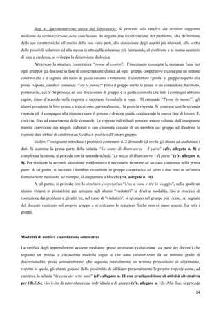 14
Step 4: Sperimentazione attiva del laboratorio: Si procede alla verifica dei risultati raggiunti
mediante la verbalizzazione delle conclusioni. In seguito alla focalizzazione del problema, alla definizione
delle sue caratteristiche all’analisi delle sue varie parti, alla distinzione degli aspetti più rilevanti, alla scelta
delle possibili soluzioni ed alla messa in atto della soluzione più funzionale, al confronto e al mutuo scambio
di idee e credenze, si sviluppa la dimensione dialogica.
Attraverso la struttura cooperativa “penne al centro”, l’insegnante consegna le domande (una per
ogni gruppo) già discusse in fase di conversazione clinica ad ogni gruppo cooperativo e consegna un gettone
colorato che è il segnale del ruolo di guida assunto a rotazione. Il conduttore “guida” il gruppo rispetto alla
prima risposta, dando il comando “Giù le penne!” (tutto il gruppo mette le penne in un contenitore: barattolo,
portamatite, ecc.). Si procede ad una discussione di gruppo e la guida controlla che tutti i compagni abbiano
capito, siano d’accordo sulla risposta e sappiano formularla a voce. Al comando “Penne in mano!”, gli
alunni prendono la loro penna e trascrivono, personalmente, la propria risposta. Si prosegue con la seconda
risposta ed il compagno alla sinistra riceve il gettone e diviene guida, conducendo la nuova fase di lavoro. E,
così via, fino ad esaurimento delle domande. Le risposte individuali possono essere valutate dall’insegnante
tramite correzione dei singoli elaborati o con chiamata casuale di un membro del gruppo ad illustrare le
risposte date al fine di conferire un feedback positivo all’intero gruppo.
Inoltre, l’insegnante introduce i problemi contenenti n. 2 domande ed invita gli alunni ad analizzare i
dati. Si esamina la prima parte della scheda “Le nozze di Biancaneve – I parte” (cfr. allegato n. 8) e
completata la stessa, si procede con la seconda scheda “Le nozze di Biancaneve – II parte” (cfr. allegato n.
9). Per risolvere la seconda situazione problematica è necessario ricorrere ad un dato contenuto nella prima
parte. A tal punto, si invitano i bambini ricostituiti in gruppo cooperativo ad unire i due testi in un’unica
formulazione mediante, ad esempio, il diagramma a blocchi (cfr. allegato n. 10).
A tal punto, si procede con la struttura cooperativa “Uno a casa e tre in viaggio”, nella quale un
alunno rimane in postazione per spiegare agli alunni “visitatori” le diverse modalità, fasi e processi di
risoluzione dei problemi e gli altri tre, nel ruolo di “visitatori”, si spostano nel gruppo più vicino. Al segnale
del docente rientrano nel proprio gruppo e si reiterano le rotazioni finché non ci siano scambi fra tutti i
gruppi.
Modalità di verifica e valutazione sommativa
La verifica degli apprendimenti avviene mediante: prove strutturate (valutazione da parte dei docenti) che
seguono un preciso e circoscritto modello logico e che sono caratterizzate da un minimo grado di
discrezionalità; prove semistrutturate, che seguono parzialmente un termine precostituito di riferimento,
rispetto al quale, gli alunni godono della possibilità di edificare personalmente le proprie risposte come, ad
esempio, la scheda “la cena dei sette nani” (cfr. allegato n. 11 con predisposizione di attività alternativa
per i B.E.S.; check-list di autovalutazione individuale e di gruppo (cfr. allegato n. 12). Alla fine, si procede
 