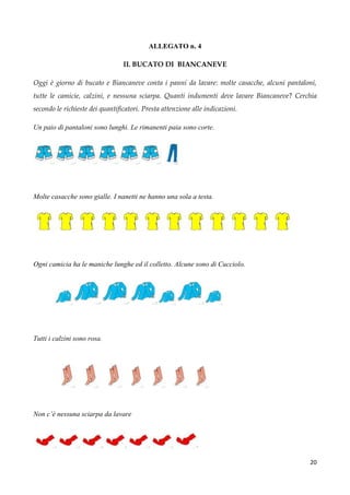 20
ALLEGATO n. 4
IL BUCATO DI BIANCANEVE
Oggi è giorno di bucato e Biancaneve conta i panni da lavare: molte casacche, alcuni pantaloni,
tutte le camicie, calzini, e nessuna sciarpa. Quanti indumenti deve lavare Biancaneve? Cerchia
secondo le richieste dei quantificatori. Presta attenzione alle indicazioni.
Un paio di pantaloni sono lunghi. Le rimanenti paia sono corte.
Molte casacche sono gialle. I nanetti ne hanno una sola a testa.
Ogni camicia ha le maniche lunghe ed il colletto. Alcune sono di Cucciolo.
Tutti i calzini sono rosa.
Non c’è nessuna sciarpa da lavare
 