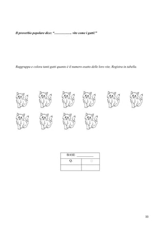 33
Il proverbio popolare dice: “……………. vite come i gatti!”
Raggruppa e colora tanti gatti quanto è il numero esatto delle loro vite. Registra in tabella.
BASE __________
Q. 
 