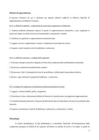 7
Obiettivi di apprendimento
Il processo formativo de quo è declinato nei seguenti obiettivi suddivisi in Obiettivi Specifici di
Apprendimento e in Obiettivi Formativi.
O. S. A. (Obiettivi cognitivi – acquisizione di conoscenze organizzate e strutturate):
1. Tradurre problemi elementari espressi in parole in rappresentazioni aritmetiche e non, scegliendo le
operazioni adatte, trovando soluzioni ed interpretando correttamente i risultati.
2. Attribuire un significato a rappresentazioni aritmetiche date.
3. Leggere, scrivere e rappresentare i numeri e verbalizzare le procedure di calcolo.
4. Eseguire calcoli mentali e scritti di addizione e sottrazione.
O. S. A. (Obiettivi operativi – sviluppo delle capacità):
1. Utilizzare strategie conoscitive adeguate di fronte alla complessità delle problematiche aritmetiche.
2. Descrivere combinazioni problematiche semplici.
3. Riconoscere i dati e la domanda nel testo di un problema, verbalizzando la procedura risolutiva.
4. Intuire e saper utilizzare le proprietà di addizione e sottrazione.
O. F. (sviluppo di competenze e formulazione del personale punto di vista):
1. Leggere e costruire tabelle, grafici, istogrammi;
2. Classificare in base a determinati attributi ed illustrare la classificazione con opportune rappresentazioni.
3. Formulare domande pertinenti a situazioni problematiche date ed individuare nel testo di un problema dati
mancanti.
4. Eseguire correttamente il calcolo di addizione e sottrazione e confrontarne i risultati.
Metodologia
Il criterio metodologico, di tipo problematico e concettuale, finalizzato all’interpretazione della
complessità, persegue la finalità di far acquisire all’alunno un metodo di lavoro e di studio, in grado di
 