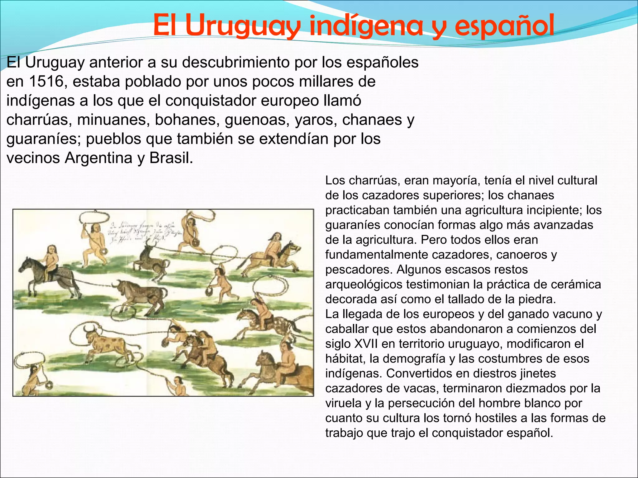 El Uruguay indígena y español 
El Uruguay anterior a su descubrimiento por los españoles 
en 1516, estaba poblado por unos pocos millares de 
indígenas a los que el conquistador europeo llamó 
charrúas, minuanes, bohanes, guenoas, yaros, chanaes y 
guaraníes; pueblos que también se extendían por los 
vecinos Argentina y Brasil. 
Los charrúas, eran mayoría, tenía el nivel cultural 
de los cazadores superiores; los chanaes 
practicaban también una agricultura incipiente; los 
guaraníes conocían formas algo más avanzadas 
de la agricultura. Pero todos ellos eran 
fundamentalmente cazadores, canoeros y 
pescadores. Algunos escasos restos 
arqueológicos testimonian la práctica de cerámica 
decorada así como el tallado de la piedra. 
La llegada de los europeos y del ganado vacuno y 
caballar que estos abandonaron a comienzos del 
siglo XVII en territorio uruguayo, modificaron el 
hábitat, la demografía y las costumbres de esos 
indígenas. Convertidos en diestros jinetes 
cazadores de vacas, terminaron diezmados por la 
viruela y la persecución del hombre blanco por 
cuanto su cultura los tornó hostiles a las formas de 
trabajo que trajo el conquistador español. 
 