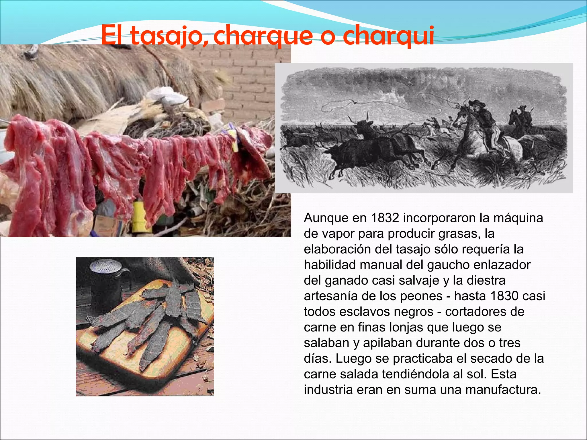 El tasajo, charque o charqui 
Aunque en 1832 incorporaron la máquina 
de vapor para producir grasas, la 
elaboración del tasajo sólo requería la 
habilidad manual del gaucho enlazador 
del ganado casi salvaje y la diestra 
artesanía de los peones - hasta 1830 casi 
todos esclavos negros - cortadores de 
carne en finas lonjas que luego se 
salaban y apilaban durante dos o tres 
días. Luego se practicaba el secado de la 
carne salada tendiéndola al sol. Esta 
industria eran en suma una manufactura. 
 