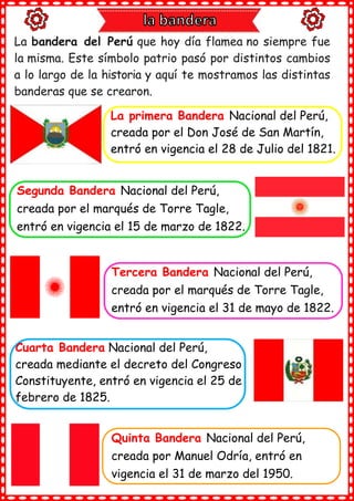 La primera Bandera Nacional del Perú,
creada por el Don José de San Martín,
entró en vigencia el 28 de Julio del 1821.
Segunda Bandera Nacional del Perú,
creada por el marqués de Torre Tagle,
entró en vigencia el 15 de marzo de 1822.
Tercera Bandera Nacional del Perú,
creada por el marqués de Torre Tagle,
entró en vigencia el 31 de mayo de 1822.
Cuarta Bandera Nacional del Perú,
creada mediante el decreto del Congreso
Constituyente, entró en vigencia el 25 de
febrero de 1825.
Quinta Bandera Nacional del Perú,
creada por Manuel Odría, entró en
vigencia el 31 de marzo del 1950.
La bandera del Perú que hoy día flamea no siempre fue
la misma. Este símbolo patrio pasó por distintos cambios
a lo largo de la historia y aquí te mostramos las distintas
banderas que se crearon.
 