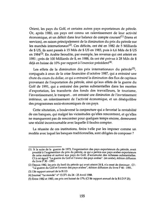 Orient, les pays du Golf, et certains autres pays exportateurs de pétrole.
Or, après 1980, ces pays ont connu un ralentissement de leur activité
économique, et un déficit dans leur balance de compte courant(1) (biens et
services), en raison principalement de la diminution du prix du pétrole sur
les marchés internationaux(2). Ces déficits, ont été en 1982 de 5 Milliards
de $ US, ils sont passés à 15 Mds de $ US en 1983, puis à 6,6 Mds de $ US
en 1984(3). En Arabie Seoudite, par exemple, les revenus qui ont atteint en
1981 ; près de 100 Milliards de $, en 1988, ils ont été prévus à 28 Mds de $
déjà en baisse de 10% par rapport à l'exercice précédent(4).
Les effets de la diminution des prix internationaux du pétrole(5),
conjugués à ceux de la crise financière d'octobre 1987, qui a entrainé une
chute du cours du dollar, ce qui a entrainé la diminution des flux de capitaux
provenant de l'exportation du pétrole, ainsi qu'aux effets de la guerre du
Golf de 1991, qui a entrainé des pertes substantielles dans les recettes
d'exportation, les transferts des fonds des travailleurs, le tourisme,
l'investissement, le transport... ont entrainé une diminution de l'inv0stissement
intérieur, un ralentissement de l'activité économique, et un déséquilibre
des programmes socio-économiques de ces pays.
Cette situtation, a bouleversé la conjoncture qui a favorisé la rentabilité
de ces banques, qui malgré les vicissihldes qu'elles rencontrent, et qu'elles
ne manqueront pas de rencontrer pour quelques temps encore, demeurent
une réalité incontournable avec laquelle il faudra compter.
La réussite de ces institutions, finira t-elle par les imposer comme un
modèle avec lequel les banques traditionnelles, sont obligées de composer?
(1) ft. la suite de la guerre de 1973, l'organisation des pays exportateurs du pétrole, avait
procédé à l'augmenttion du prix du pétrole, ce qui a permis aux pays arabes exportateurs
de cette matière et surtout aux pays du Golf, d'accumuler des richesses substantielles.
Cf à cet égard "La guerre du Golf et l'avenir des pays arabes". (en arabe), édition diffusion
du livre P30 - 1991.
(2) Depuis 1982, les prix du baril du pétrole qui avait atteint 24 $, n'a cessé de diminul:!r . Cf:
"La guerre du Golf et l'avenir des pays arabes", édition diffusion du livre P 46 -1991.
(3) 13è rapport annuel de la B.LD.
(4) Journal "Le monde" nO 13.371 du 24 - 25 Avril 1988.
(5) Entre 1982 et 1983, ces prix ont baissé de 17% (Cf 8è rapport annuel de la B.LD P 25).
155
 
