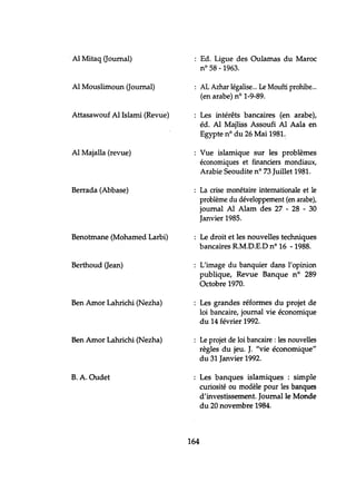 ·Al Mitaq Oournal)
Al Mouslimoun Oournal)
Attasawouf Al Islami (Revue)
Al Majalla (revue)
Berrada (Abbase)
Benotmane (Mohamed Larbi)
Berthoud Oean)
Ben Arnor Lahrichi (Nezha)
Ben Arnor Lahrichi (Nezha)
B. A. Oudet
Ed. Ligue des Oulamas du Maroc
n° 58 -1963.
AL Azhar légalise... Le Moufti prohibe...
(en arabe) nO 1-9-89.
Les intérêts bancaires (en arabe),
éd. Al Majliss Assoufi Al Aala en
Egypte n° du 26 Mai 1981..
Vue islamique sur les problèmes
économiques et financiers mondiaux,
Arabie Seoudite nO 73 Juillet 1981.
La crise monétaire internationale et le
problème du développement (en arabe),
journal Al Alam des 27 - 28 - 30
Janvier 1985.
: Le droit et les nouvelles techniques
bancaires RM.D.E.D nO 16 - 1988.
L'image du banquier dans l'opinion
publique, Revue Banque n° 289
Octobre 1970.
Les grandes réformes du projet de
loi bancaire, journal vie économique
du 14 février 1992.
Le projet de loi bancaire : les nouvelles
règles du jeu. J. "vie économique"
du 31 Janvier 1992.
Les banques islamiques: simple
curiosité ou modèle pour les banques
d'investissement. Journal le Monde
du 20 novembre 1984.
164
 