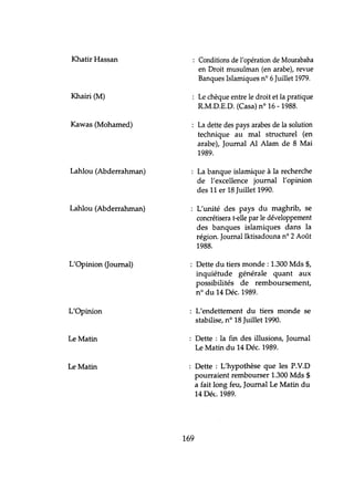Khatir Hassan
Khairi (M)
Kawas (Mohamed)
Lahlou (Abderrahman)
Lahlou (Abderrahman)
L'Opinion Goumal)
L'Opinion
Le Matin
Le Matin
: Conditions de l'opération de Mourabaha
en Droit musulman (en arabe), revue
Banques Islamiques nO 6 Juillet 1979.
Le chèque entre le droit et la pratique
R.M.D.E.D. (Casa) nO 16 - 1988.
La dette des pays arabes de la solution
technique au mal structurel (en
arabe), Journal Al Alam de 8 Mai
1989.
La banque islamique à la recherche
de l'excellence journal l'opinion
des 11 er 18 Juillet 1990.
L'unité des pays du maghrib, se
concrétisera t-elle par le développement
des banques islamiques dans la
région. Journal Iktisadouna n° 2 Aoùt
1988.
Dette du tiers monde: 1.300 Mds $,
inquiétude générale quant aux
possibilités de remboursement,
n° du 14 Déc. 1989.
L'endettement du tiers monde se
stabilise, n° 18 Juillet 1990.
Dette: la fin des illusions, Journal
Le Matin du 14 Déc. 1989.
Dette: L'hypothèse que les P.V.D
pourraient rembourser 1.300 Mds $
a fait long feu, Journal Le Matin du
14 Déc 1989.
169
 