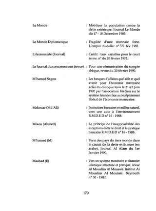 Le Monde Mobiliser la population contre la
dette extérieure, Journal Le Monde
du 17 -18 Décembre 1989.
Le Monde Diplomatique Fragilité d'une monnaie forte.
L'empire du dollar. nO 371. fév. 1985.
L'économiste Gournal) Crédit: taux variables pour le court
terme. nO du 20 février 1992..
Le Journal du consommateur (revue) Pour une rémunération du compte
chèque, revue du 20 février 1990.
M'hamed Sagou Les banques d'affaires quel rôle et quel
avenir pour l'économie marocaine
actes du colloque tenu le 21-22 Juin
1990 par l'association Fès-Sais sur le
système financier face au redéploiement
libéral de l'économie marocaine.
Mekouar (Md Ali) Institutions bancaires et milieu naturel,
vers une aide à l'environnement
R.M.D.E.D n° 16 - 1988.
Mikou (Ahmed) Le principe de l'inopposabilité des
exceptions entre le droit et la pratique
bancaire R.M.D.E.D nO 16 - 1988.
M'hamed (M) Perte des pays du tiers monde dans
le circuit de la dette extérieure (en
arabe), Journal Al Alam du 1er
Janvier 1990.
Maabad (E) Vers un système monétaire et financier
islamique structure et pratique, revue
Al Mouslim Al Mouasir. Institut Al
Mouslim Al Mouâsir. Beyrouth
nO 30 - 1982.
170
 