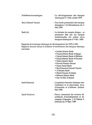 Problèmes économiques
Razi (Ahmed Yacine)
Radi (A)
Le développement des banque:
islamiques nO 1632, année 1979.
Nos fonds prisonniers des banque:
étrangères. J Al Mouslimolm du 1:
Mai 1985.
Le titulaire du compte chèque... li
partenaire lésé par les banque:
traditionnelles (en arabe), reVUl
banques islamiques nO 9 fév. 1980.
Rapports de la banque islamique de développement de 1975 à 1991.
Rapports annuels statuts et bulletins d'informations des banques islamiquE
suivantes
• Jordan Islamic Bank
• Fayçal Islamic Bank of Egypt
• Fayçal Islamic Bank of Bahrein
• Fayçal Islamic Bank of Soudan
• Dubai Islamic Bank
• Koweit Finance House
• Naser Social Bank
• Beit Ettamouil Saoudi Tounsi
• Al Baraka Bank
• Masrif Fayçal Al Islami
• Bahrein Islamic Bank
• Dar Al Mal Al Islami
Sami Hamoud
Sayid Tantaoui
L'expérience bancaire islamique entrl
l'imitation et la rénovation, revui
d'économie et d'affaires. Jordanil
Mai 1985.
Fatwa concernant les revenus de
certificats d'investissement et de
comptes d'épargne. J Al Ittihad A
Ichtiraki du 17 Sept. 1989
172
 