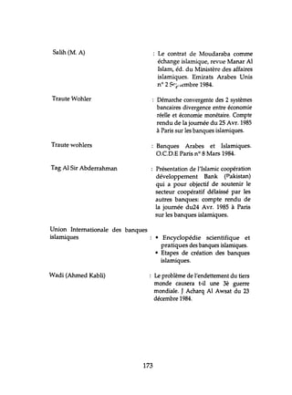 Salih (M. A)
Traute Wohler
Traute wohlers
Tag Al Sir Abderrahman
Union Internationale des banques
islamiques
Wadi (Ahmed Kabli)
173
Le contrat de Moudaraba comme
échange islamique, revue Manar Al
Islam, éd. du Ministère des affaires
islamiques. Emirats Arabes Unis
nO2 S':'~ L~mbre 1984.
Démarche convergente des 2 systèmes
bancaires divergence entre économie
réelle et économie monétaire. Compte
rendu de la journée du 25 Avr. 1985
à Paris sur les banques islamiques.
Banques Arabes et Islamiques.
O.C.D.E Paris nO 8 Mars 1984.
Présentation de l'Islamic coopération
développement Bank (Pakistan)
qui a pour objectif de soutenir le
secteur coopératif délaissé par les
autres banques: compte rendu de
la journée du24 Avr. 1985 à Paris
sur les banques islamiques.
• Encyclopédie scientifique et
pratiques des banques islamiques.
• Etapes de création des banques
islamiques.
Le problème de l'endettement du tiers
monde causera t-il une 3è guerre
mondiale. J Acharq Al Awsat du 23
décembre 1984.
 