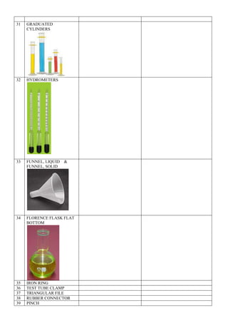 31 GRADUATED
CYLINDERS
32 HYDROMETERS
33 FUNNEL, LIQUID &
FUNNEL, SOLID
34 FLORENCE FLASK FLAT
BOTTOM
35 IRON RING
36 TEST TUBE CLAMP
37 TRIANGULAR FILE
38 RUBBER CONNECTOR
39 PINCH
 