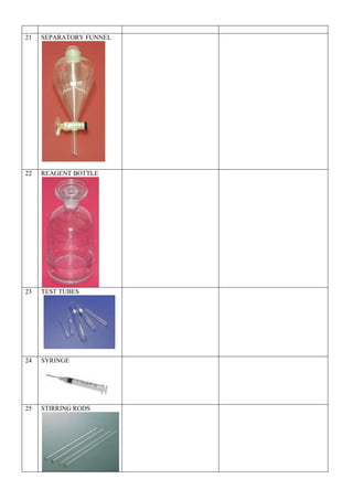 21 SEPARATORY FUNNEL
22 REAGENT BOTTLE
23 TEST TUBES
24 SYRINGE
25 STIRRING RODS
 