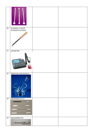 26 SCOOPULA WITH
WOODEN HANDLE
27 pH METER
28 MORTAR AND PESTLE
29 MICROSPATULA
30 MICROPIPETTE
 