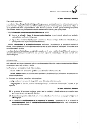 ANOTACIONES


                                                                                           Por qué el Aprendizaje Cooperativo
El aprendizaje cooperativo…
… contribuye al desarrollo específico de la inteligencia interpersonal, ya que dota a los alumnos de las destrezas necesarias
para la interacción social: ponerse en el lugar del otro, establecer y mantener relaciones positivas con los demás, trabajar en
equipo, planificar actividades y organizar tareas, tomar decisiones y negociar acuerdos, ejercer un liderazgo compartido,
comunicarse de manera clara y eficaz, resolver conflictos de forma constructiva, dar y pedir ayuda y apoyo…
… contribuye a estimular el desarrollo de las distintas inteligencias, ya que:
         Aumenta la variedad y riqueza de las experiencias educativas, lo que implica la utilización de habilidades
         relacionadas con las diferentes inteligencias;
         El grupo ofrece un entorno relajado y seguro que anima a los alumnos a participar abiertamente en las actividades, lo
         que les permite poner en práctica sus distintas habilidades.
… favorece la flexibilización de la intervención educativa, adaptándola a las necesidades de alumnos con inteligencias
distintas. Dentro de los grupos la información puede ser procesada de formas diversas, lo que facilita la comprensión de los
contenidos por parte de todos.
… amplía el abanico de habilidades que son sujeto de evaluación, con lo que se multiplican las posibilidades de que alumnos
con talentos distintos obtengan reconocimiento. Esto supone una experiencia cristalizante, que potencia el desarrollo de las
diversas inteligencias.


EL CONDUCTISMO
Ante un estímulo, se produce una respuesta voluntaria, la cual, puede ser reforzada de manera positiva o negativa provocando
que la conducta operante se fortalezca o debilite.
Para fortalecer una conducta determinada debemos utilizar…
    … refuerzo positivo: es la consecuencia agradable que se obtiene tras realizar una conducta.
    … refuerzo negativo: en este caso, la consecuencia agradable que se deriva de la conducta implica la desaparición de una
    sensación desagradable.
Por el contrario, para debilitar una conducta debemos utilizar…
    … castigo positivo: es la consecuencia desagradable que se obtiene tras realizar la conducta.
    … castigo negativo: en este caso, la consecuencia desagradable que se deriva de la conducta implica la pérdida de algo
    agradable.
                                                                                          Por qué el Aprendizaje Cooperativo
          La perspectiva del aprendizaje conductual sostiene que los estudiantes trabajarán arduamente en aquellas tareas
          que les supongan una recompensa de algún tipo.
          El aprendizaje cooperativo está diseñado para proveer de incentivos a los miembros del grupo por participar en un
          esfuerzo grupal.
          El aumento de la variedad y riqueza de las experiencias de aprendizaje y la generalización de las situaciones de
          ayuda y apoyo mutuo, deriva en la democratización de las posibilidades de éxito escolar y, por consiguiente, de
          reconocimiento (recompensa).




                                                                                                                            15
 