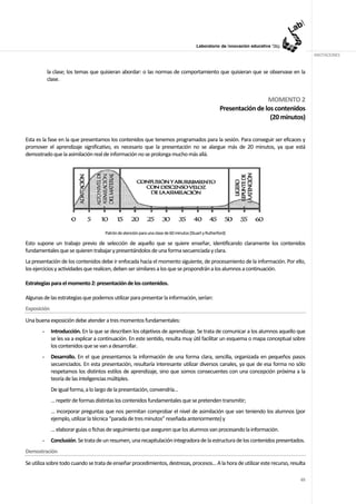 ANOTACIONES


           la clase; los temas que quisieran abordar: o las normas de comportamiento que quisieran que se observase en la
           clase.


                                                                                                                       MOMENTO 2
                                                                                                      Presentación de los contenidos
                                                                                                                        (20 minutos)


Esta es la fase en la que presentamos los contenidos que tenemos programados para la sesión. Para conseguir ser eficaces y
promover el aprendizaje significativo, es necesario que la presentación no se alargue más de 20 minutos, ya que está
demostrado que la asimilación real de información no se prolonga mucho más allá.




                                     Patrón de atención para una clase de 60 minutos (Stuart y Rutherford)

Esto supone un trabajo previo de selección de aquello que se quiere enseñar, identificando claramente los contenidos
fundamentales que se quieren trabajar y presentándolos de una forma secuenciada y clara.
La presentación de los contenidos debe ir enfocada hacia el momento siguiente, de procesamiento de la información. Por ello,
los ejercicios y actividades que realicen, deben ser similares a los que se propondrán a los alumnos a continuación.

Estrategias para el momento 2: presentación de los contenidos.

Algunas de las estrategias que podemos utilizar para presentar la información, serían:
Exposición
Una buena exposición debe atender a tres momentos fundamentales:
       -     Introducción. En la que se describen los objetivos de aprendizaje. Se trata de comunicar a los alumnos aquello que
             se les va a explicar a continuación. En este sentido, resulta muy útil facilitar un esquema o mapa conceptual sobre
             los contenidos que se van a desarrollar.
       -     Desarrollo. En el que presentamos la información de una forma clara, sencilla, organizada en pequeños pasos
             secuenciados. En esta presentación, resultaría interesante utilizar diversos canales, ya que de esa forma no sólo
             respetamos los distintos estilos de aprendizaje, sino que somos consecuentes con una concepción próxima a la
             teoría de las inteligencias múltiples.
             De igual forma, a lo largo de la presentación, convendría…
             … repetir de formas distintas los contenidos fundamentales que se pretenden transmitir;
             … incorporar preguntas que nos permitan comprobar el nivel de asimilación que van teniendo los alumnos (por
             ejemplo, utilizar la técnica “parada de tres minutos” reseñada anteriormente) y
             … elaborar guías o fichas de seguimiento que aseguren que los alumnos van procesando la información.
       -     Conclusión. Se trata de un resumen, una recapitulación integradora de la estructura de los contenidos presentados.
Demostración
Se utiliza sobre todo cuando se trata de enseñar procedimientos, destrezas, procesos… A la hora de utilizar este recurso, resulta

                                                                                                                                  65
 
