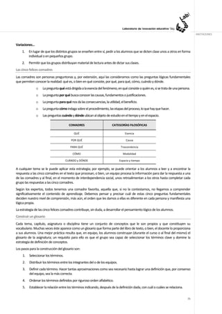 ANOTACIONES


Variaciones…
    1.    En lugar de que los distintos grupos se enseñen entre sí, pedir a los alumnos que se dicten clase unos a otros en forma
          individual o en pequeños grupo.
    2.    Permitir que los grupos distribuyan material de lectura antes de dictar sus clases.
Las cinco felices comadres
Las comadres son personas preguntonas y, por extensión, aquí las consideramos como las preguntas lógicas fundamentales
que permiten conocer la realidad: qué es, o bien en qué consiste, por qué, para qué, cómo, cuándo y dónde.
               o    La pregunta qué está dirigida a la esencia del fenómeno, en qué consiste o quién es, si se trata de una persona.
               o    La pregunta por qué busca conocer las causas, fundamentos o justificaciones.
               o    La pregunta para qué nos da las consecuencias, la utilidad, el beneficio.
               o    La pregunta cómo indaga sobre el procedimiento, las etapas del proceso, lo que hay que hacer.
               o    Las preguntas cuándo y dónde ubican al objeto de estudio en el tiempo y en el espacio.

                                        COMADRES                         CATEGORÍAS FILOSÓFICAS

                                            QUÉ                                     Esencia

                                         POR QUÉ                                     Causa

                                         PARA QUÉ                                Trascendencia

                                           CÓMO                                   Modalidad

                                      CUÁNDO y DÓNDE                            Espacio y tiempo

A cualquier tema se le puede aplicar esta estrategia; por ejemplo, se puede orientar a los alumnos a leer y a encontrar la
respuesta a las cinco comadres en el texto que procesan, o bien, un equipo procesa la información para dar la respuesta a una
de las comadres y al final, en el momento de interdependencia social, unos retroalimentan a los otros hasta completar cada
grupo las respuestas a las cinco comadres.
Según los expertos, todos tenemos una comadre favorita, aquella que, si no la contestamos, no llegamos a comprender
significativamente el contenido de aprendizaje. Debemos pensar y precisar cuál de estas cinco preguntas fundamentales
deciden nuestro nivel de comprensión, más aún, el orden que les damos a ellas es diferente en cada persona y manifiesta una
lógica propia.
La estrategia de las cinco felices comadres contribuye, sin duda, a desarrollar el pensamiento lógico de los alumnos.
Construir un glosario
Cada tema, capítulo, asignatura o disciplina tiene un conjunto de conceptos que le son propios y que constituyen su
vocabulario. Muchas veces éste aparece como un glosario que forma parte del libro de texto, o bien, el docente lo proporciona
a sus alumnos. Una mejor práctica resulta que, en equipo, los alumnos construyan (durante el curso o al final del mismo) el
glosario de la asignatura; un requisito para ello es que el grupo sea capaz de seleccionar los términos clave y domine la
estrategia de definición de conceptos.
Los pasos para la construcción del glosario son:
     1.   Seleccionar los términos.
     2.   Distribuir los términos entre los integrantes del o de los equipos.
     3.   Definir cada término. Hacer tantas aproximaciones como sea necesario hasta lograr una definición que, por consenso
          del equipo, sea la más correcta.
     4.   Ordenar los términos definidos por riguroso orden alfabético.
     5.   Establecer la relación entre los términos indicando, después de la definición dada, con cuál o cuáles se relaciona.


                                                                                                                                  75
 